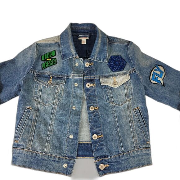 Cat & Jack Boy's "Be A Hero"  Blue Denim Patch Jacket Size Medium 8/10 - Picture 6 of 11